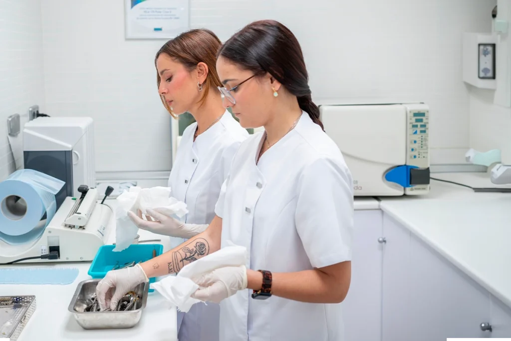 Auxiliares dentales en Almería preparan instrumental estéril en la clínica dental Gutiérrez Odontólogos, garantizando tratamientos seguros y de alta calidad